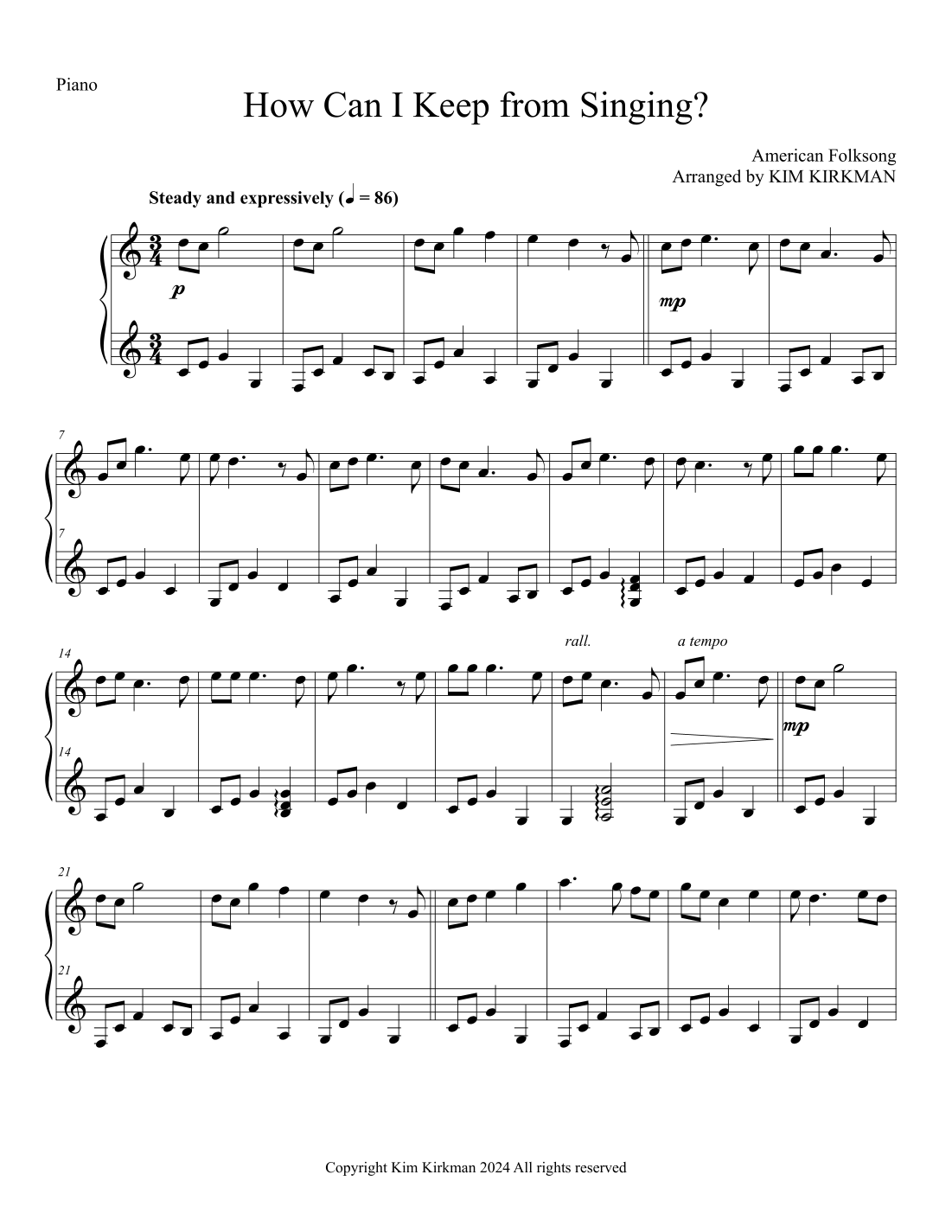How Can I Keep from Singing arranged for piano NO BLACK NOTES