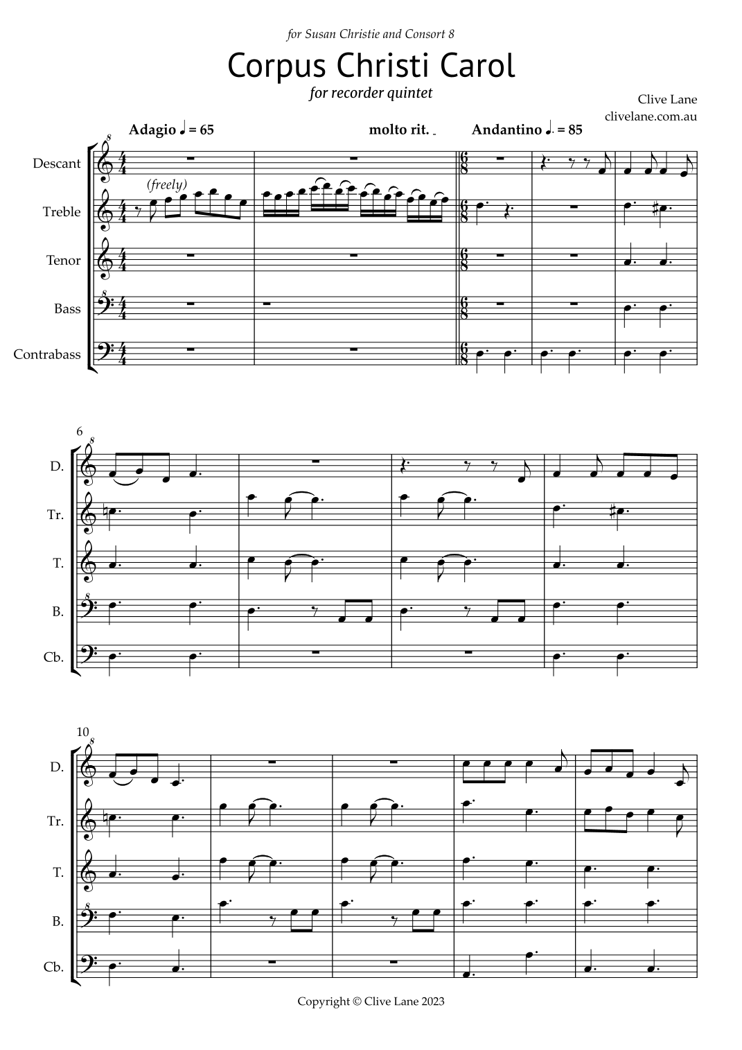 Corpus Christi Carol for recorder quintet (arr. Clive Lane) Sheet Music