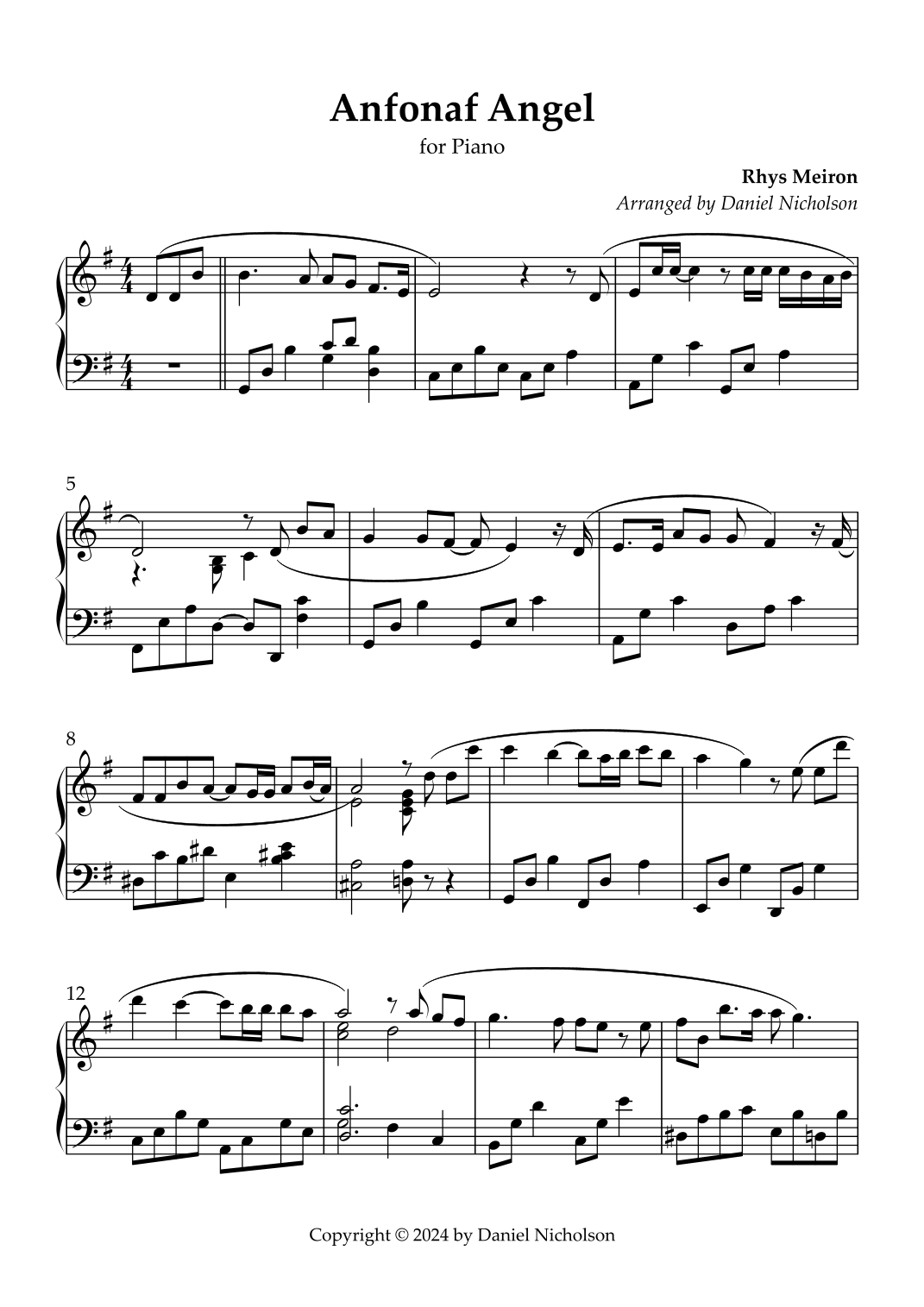 Anfonaf Angel Sheet Music Rhys Meirion Piano Solo