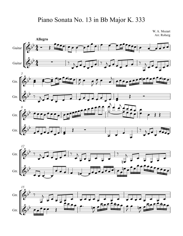 Mozart Piano Sonata no. 13 in Bb Maj (Guitar Duet) (arr. Jackson Roberg
