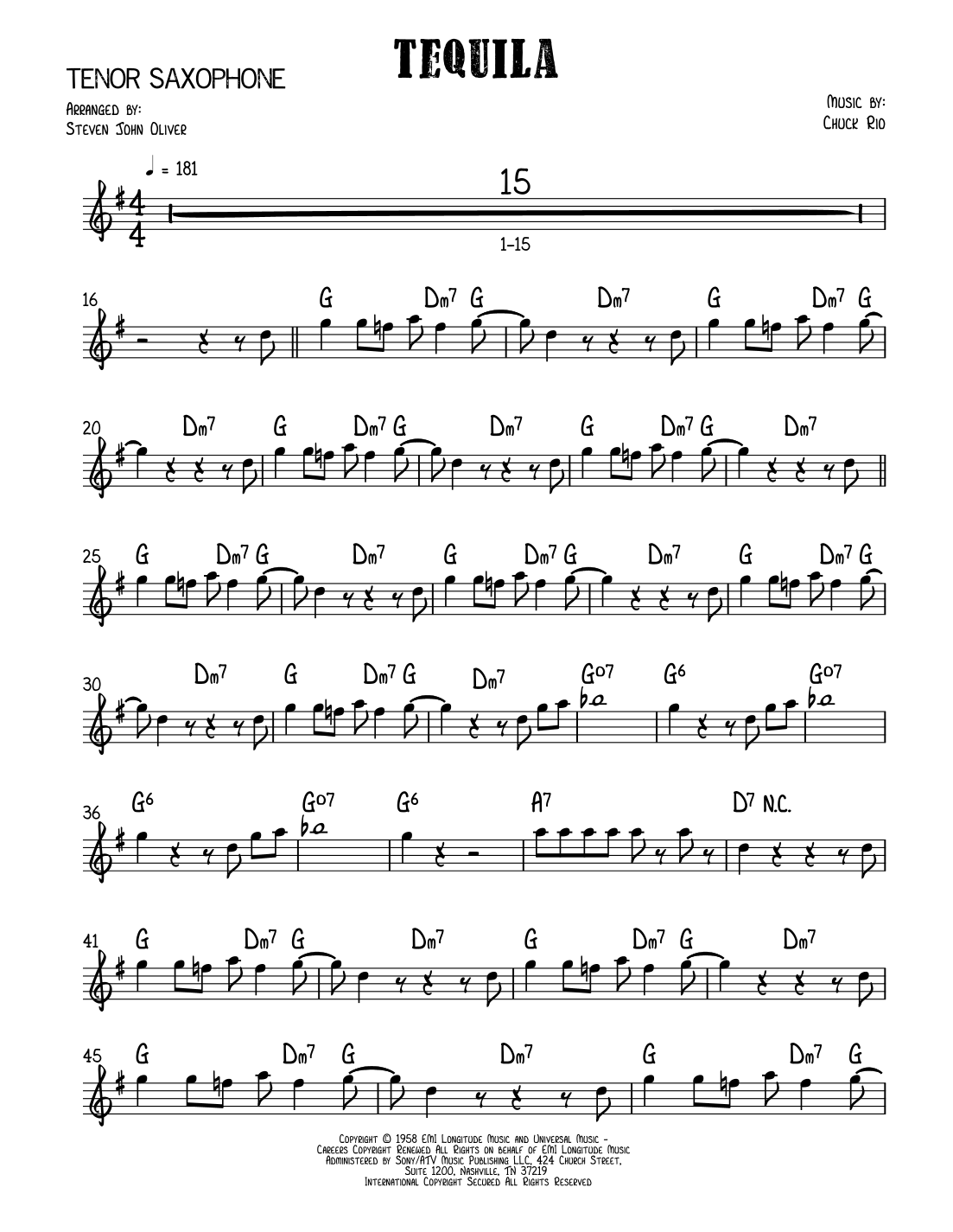 Tequila (arr. Steven John Oliver) by The Champs Sheet Music for Tenor