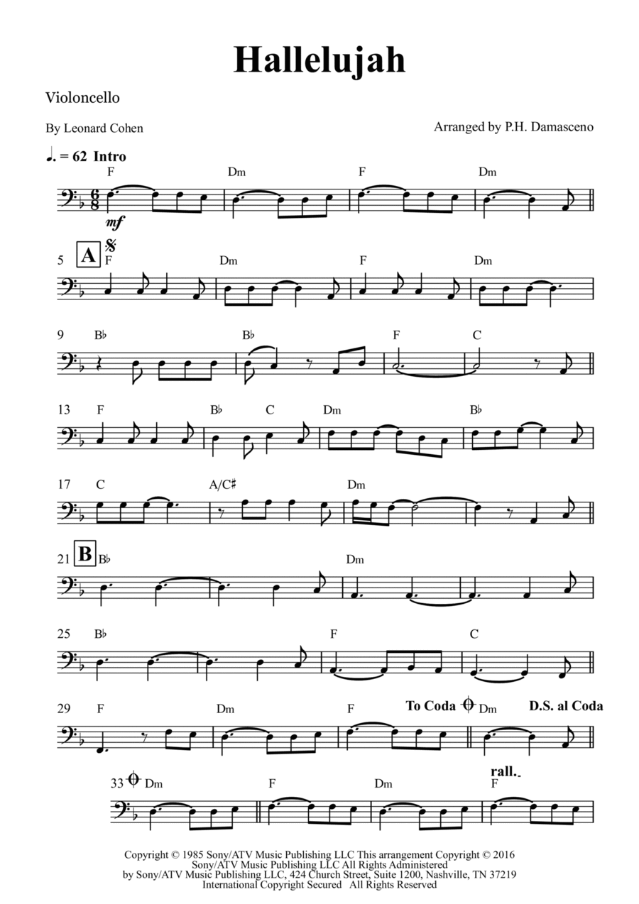 Hallelujah (arr. P.H. Damasceno) by Lee DeWyze Sheet Music for Cello