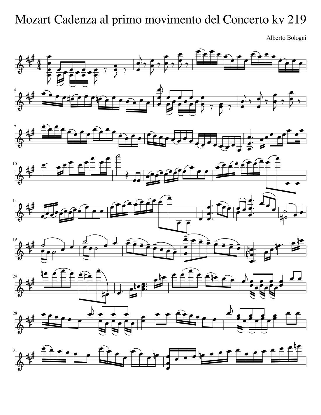Cadenzas for Mozart's Violin Concerto KV 219 Sheet Music Alberto