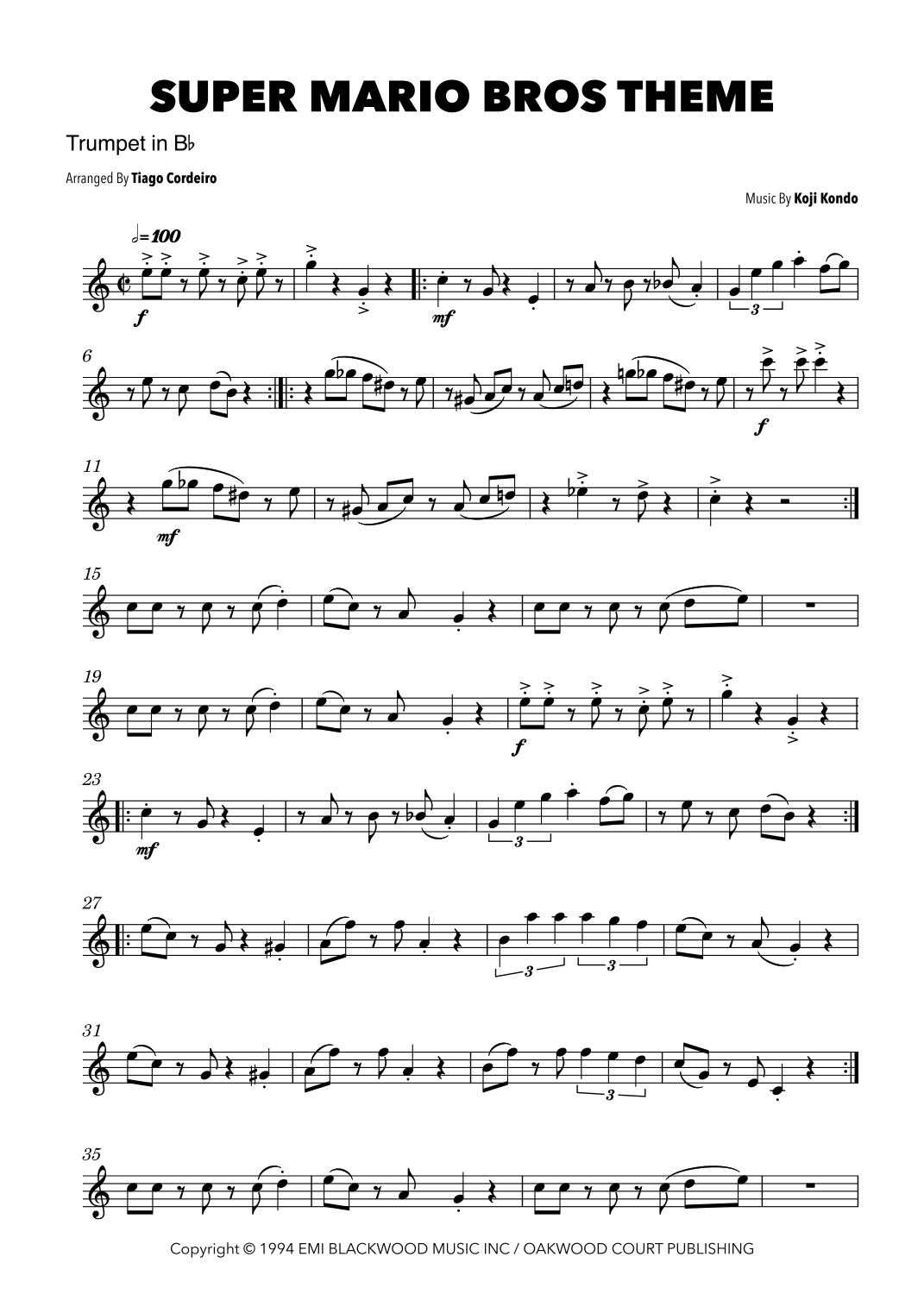 Super Mario Bros Theme (arr. Tiago Cordeiro) Sheet Music Koji Kondo