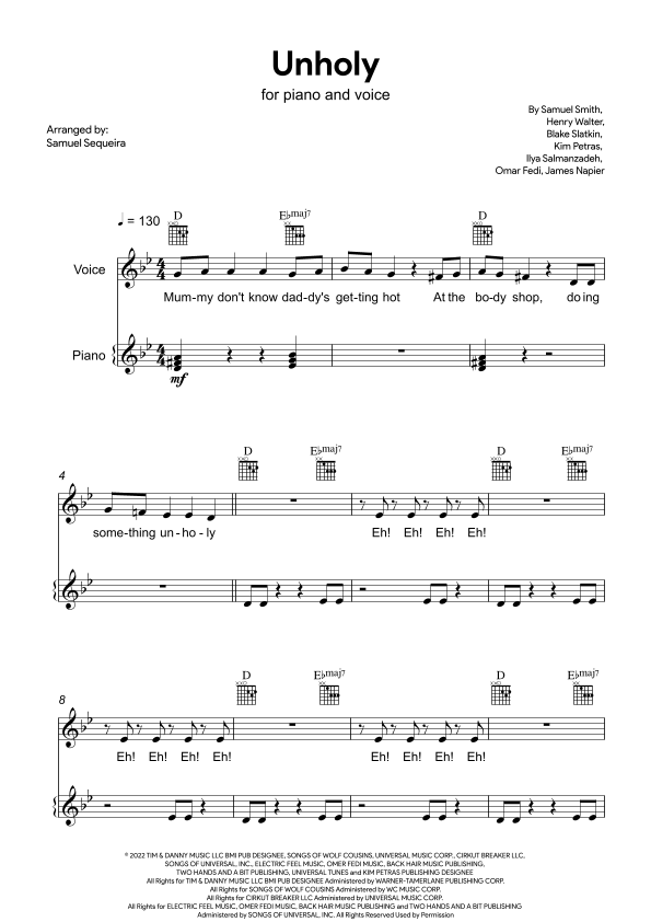 Unholy (arr. Samuel Sequeira) Sheet Music Sam Smith Feat. Kim Petras