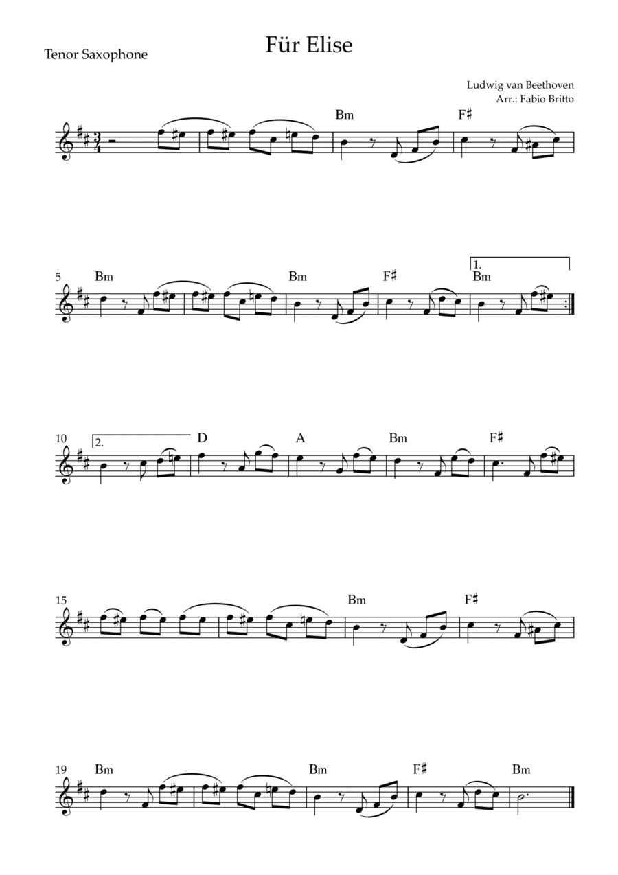 Für Elise (Beethoven) for Tenor Saxophone Solo with Chords (Simplified