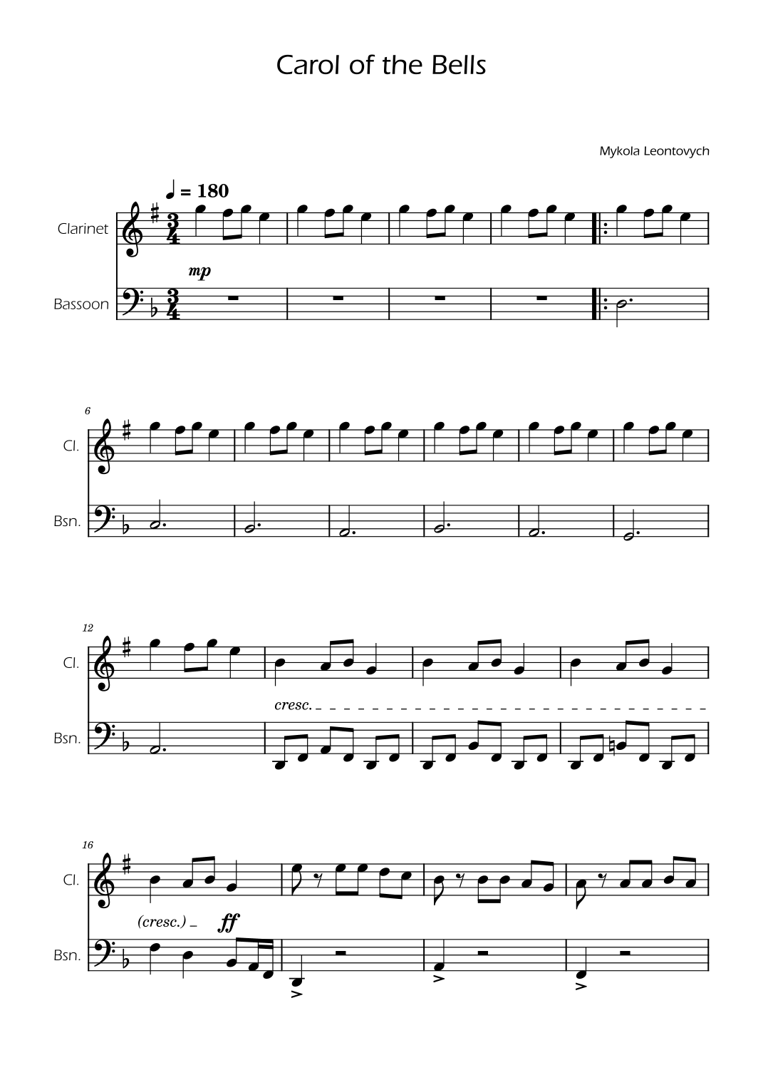 Carol of the Bells and Bassoon Duet (arr. Ygor Nunes) Sheet