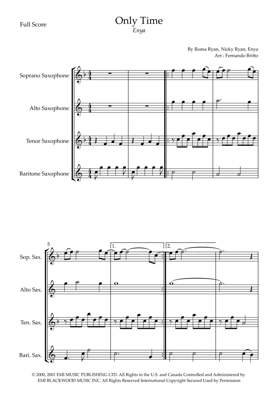 Only Time Sheet Music | Enya | Woodwind Ensemble
