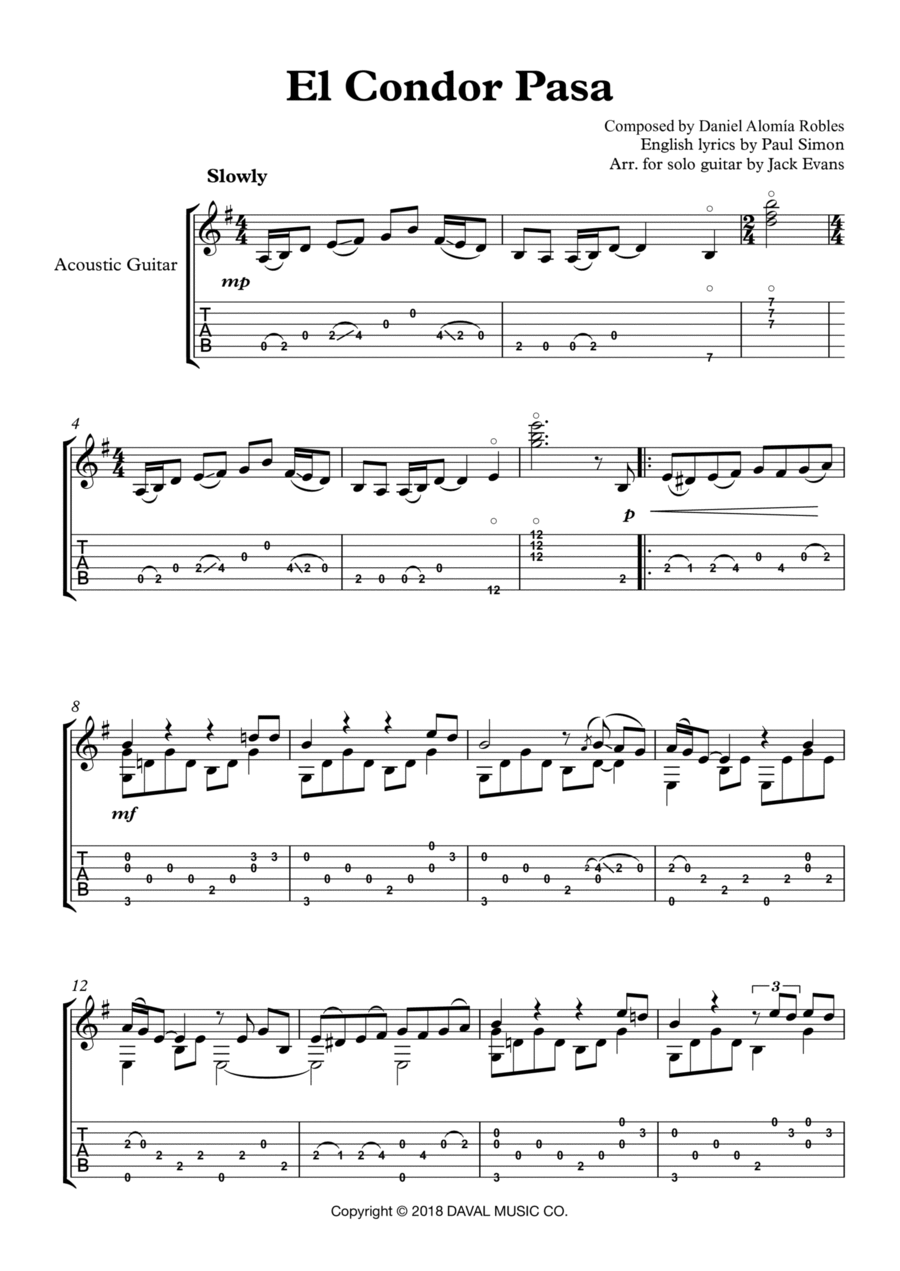 El Condor Pasa (arr. Jack Evans) by D. Kacher Sheet Music for Guitar