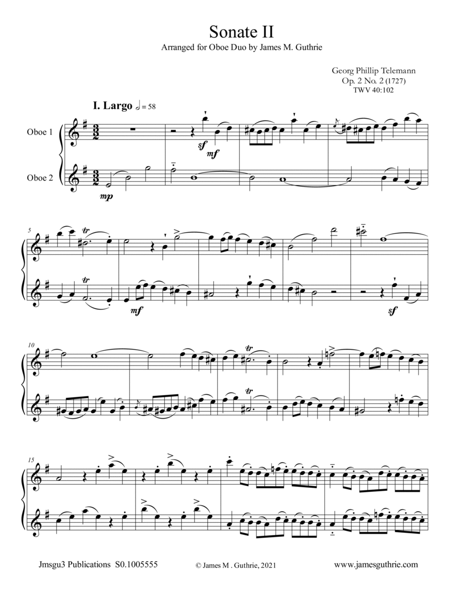 Telemann Sonata Op. 2 No. 2 for Oboe Duo (arr. James M. Guthrie) by