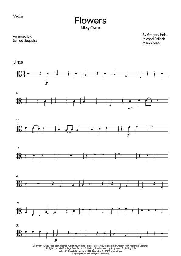 Flowers (arr. Samuel Sequeira) Sheet Music Miley Cyrus Viola Solo