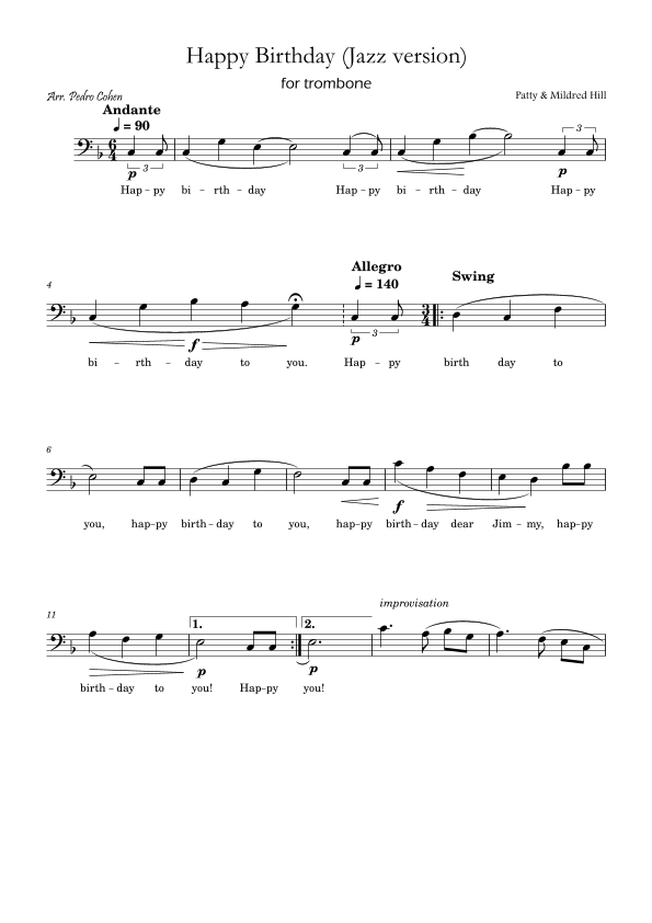 Happy Birthday (jazz version) (arr. Pedro Cohen) Sheet Music Patty