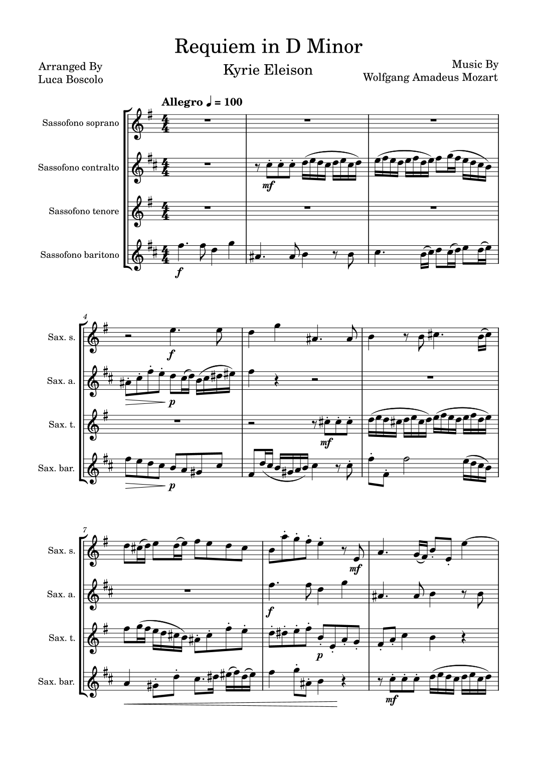 Requiem in D Minor Kyrie Eleison (arr. Luca Boscolo) Sheet Music
