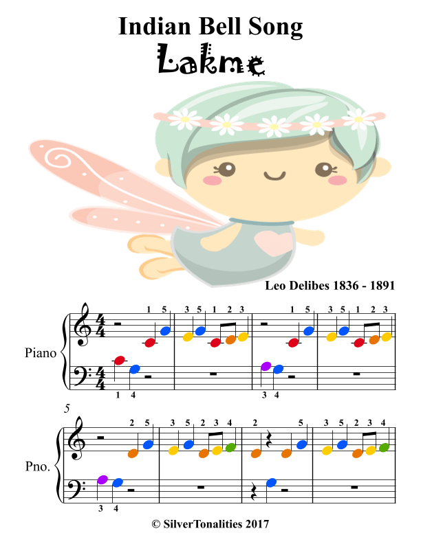 Indian Bell Song Lakme Beginner Piano Sheet Music with Colored Notes Sheet Music Leo Delibes