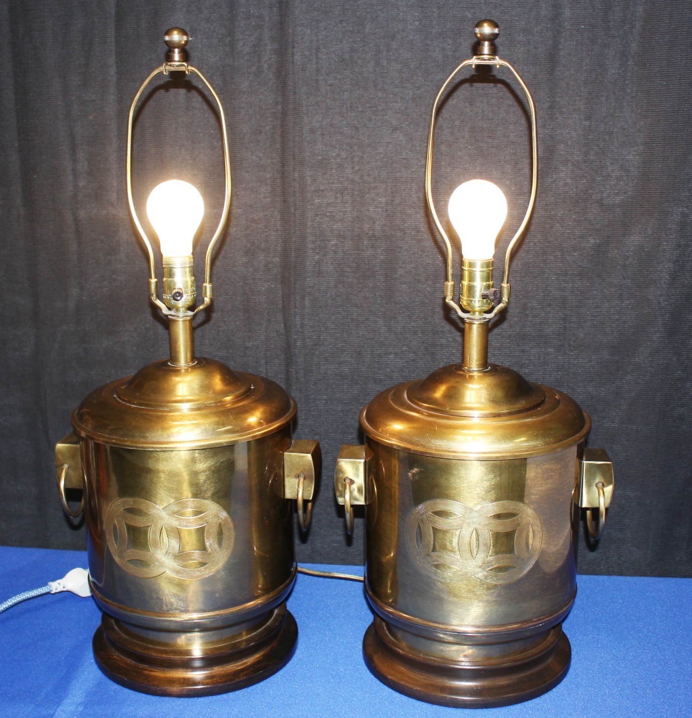 Pair of Frederick Cooper Asian Brass Canister Lamps