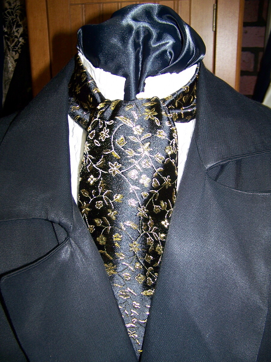 Ascot or Cravat Gold Metallic vine and Black Floral print fabric 4" x