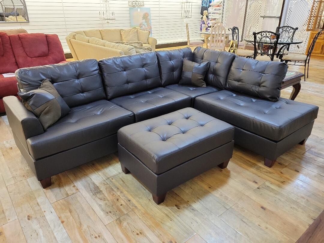 Upholstered Modern Button Tufted Espresso Faux Leather Sectional Sofa