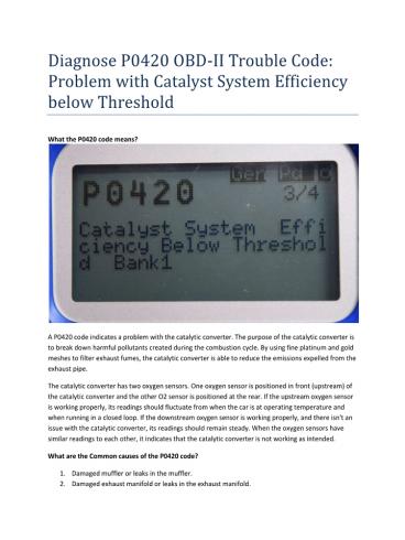 PartsAvatar, Toronto - Diagnose P0420 OBD-II Trouble Code presentation
