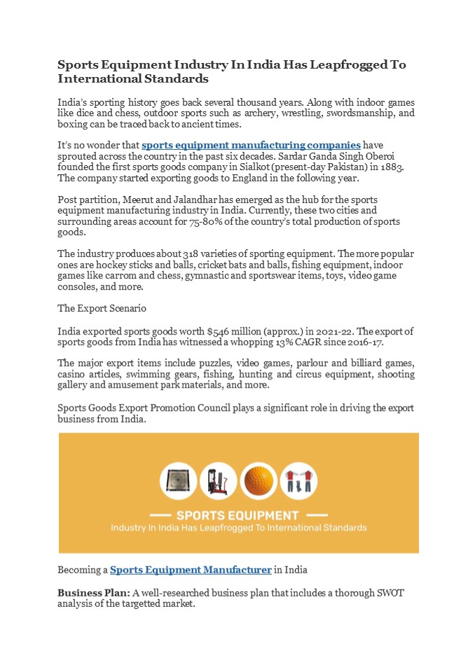 PPT Sports Equipment Industry In India Has Leapfrogged To