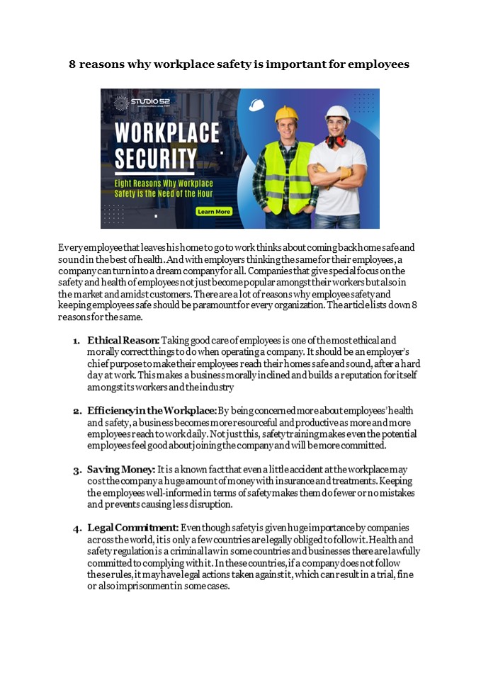 PPT 8 reasons why workplace safety is important for employees PowerPoint presentation free