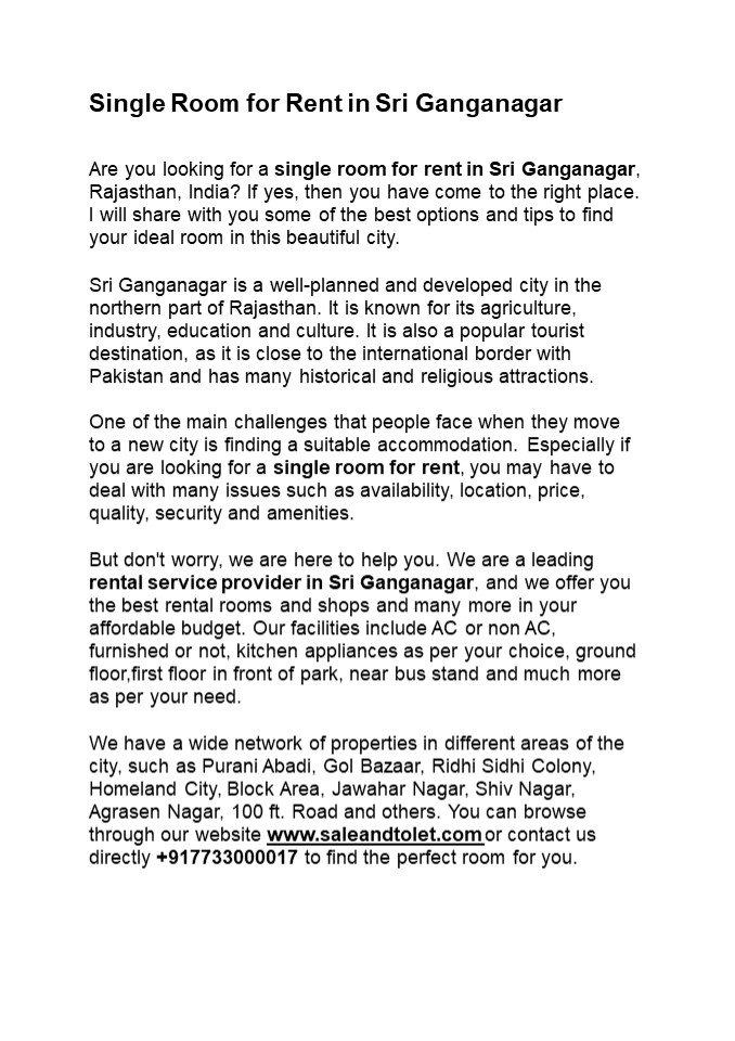 PPT Single Room for Rent in Sri Ganganagar (1) PowerPoint