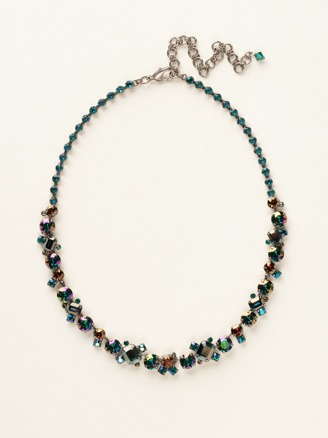 Glittering MultiCut Crystal Necklace in Antique Silvertone Emerald