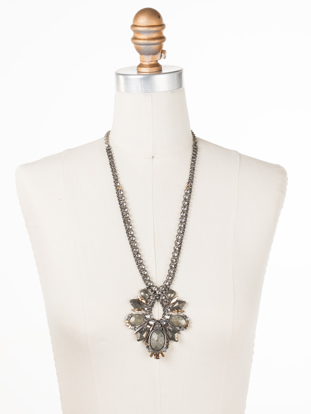 SemiPrecious and MultiCut Crystal Statement Pendant in Antique Silvertone Modern Metallic