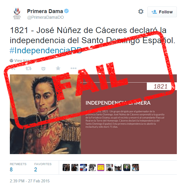 La Primera Dama tuiteó datos de Núñez de Cáceres con una imagen de