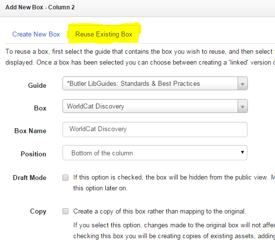 Search Boxes *Butler LibGuides Standards & Best Practices Research