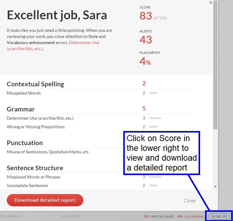What do I do to Save a Grammarly Report so I can submit it to my