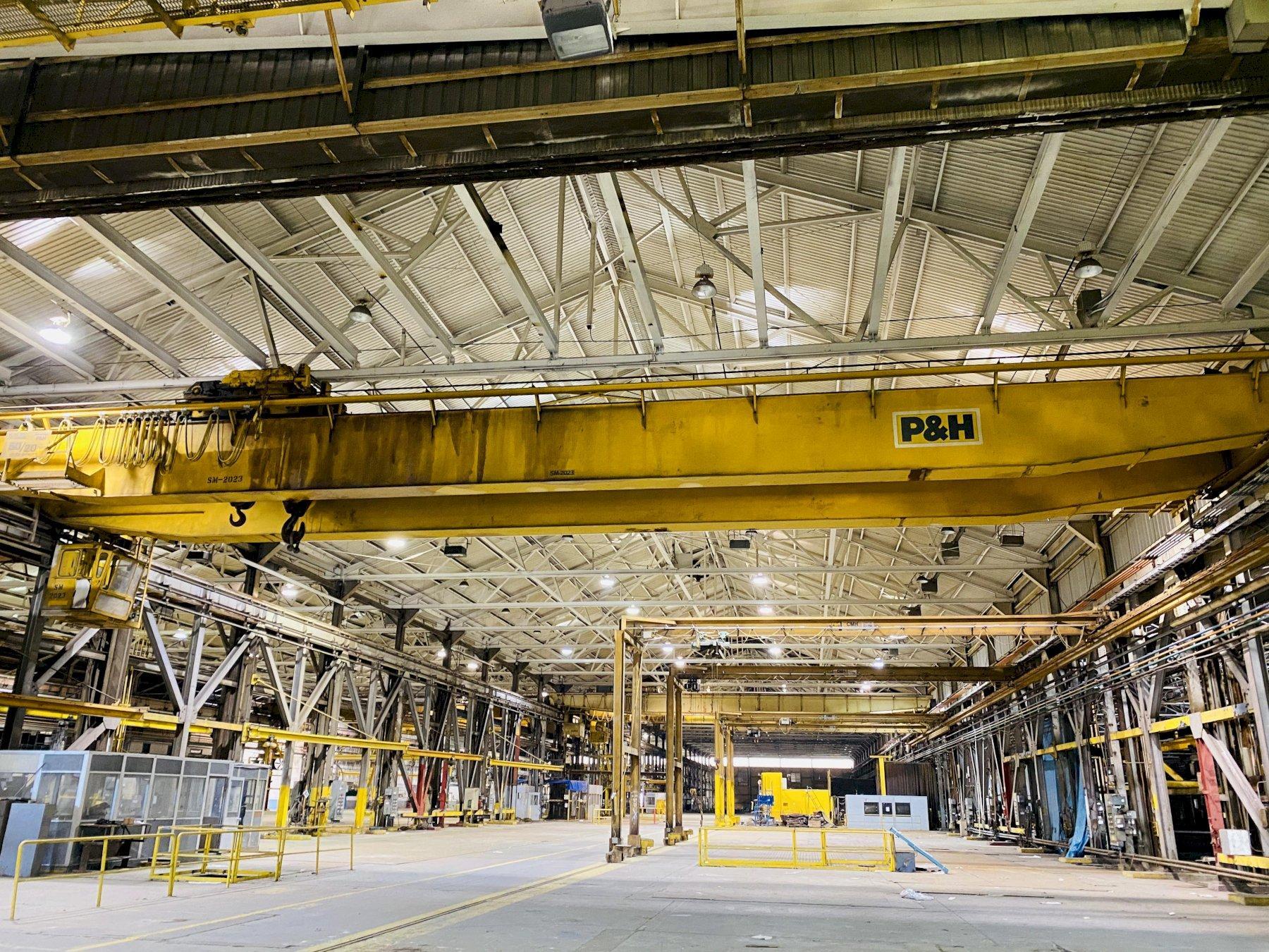 50 TON X 103’6″ P&H OVERHEAD BRIDGE CRANE WITH 20 TON AUXILLARY. STOCK