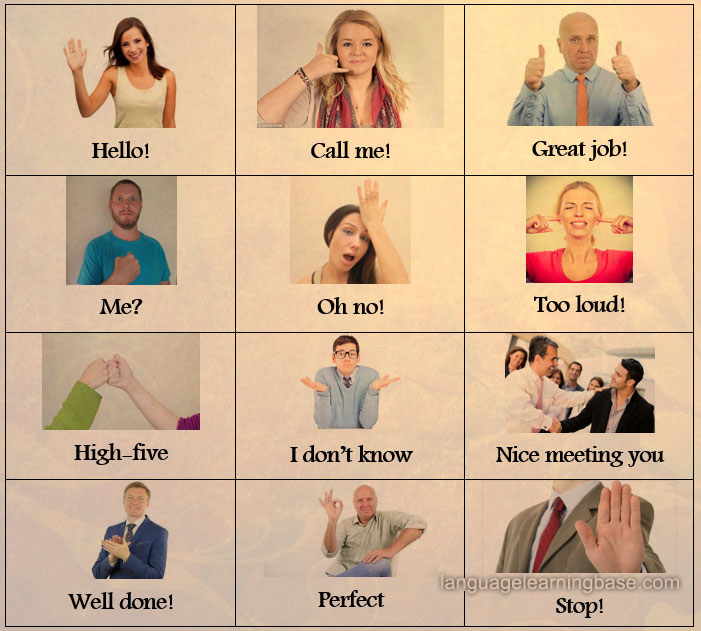 English flashcards illustrating gestures learn English,english
