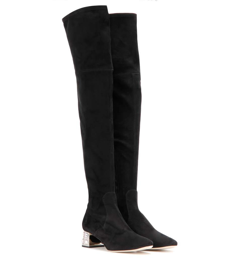 MIU MIU CrystalHeel Suede OverTheKnee Boot, Nero in Eero ModeSens