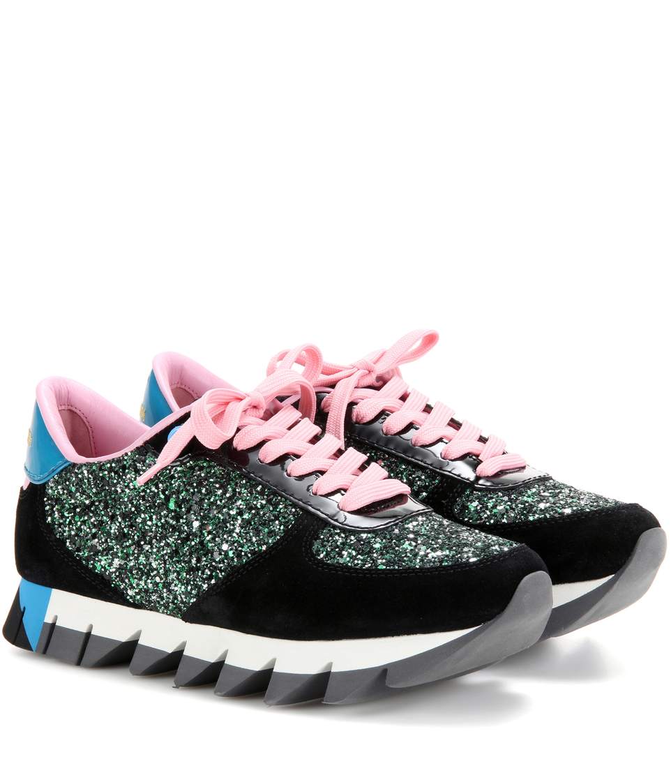 DOLCE & GABBANA Glitter, Suede And Patent Leather Sneakers in Black