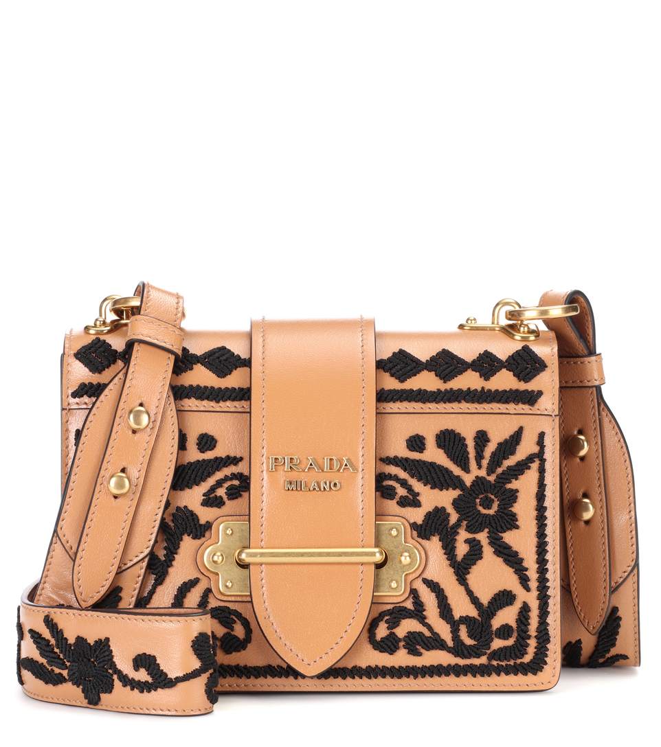 PRADA Cahier Embroidered Shoulder Bag, Caramel/Black in Multi Pattern