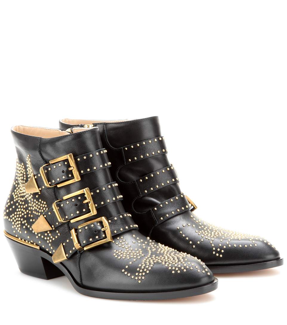 CHLOÉ Susanna Studded Buckled Leather Ankle Boots in Black ModeSens
