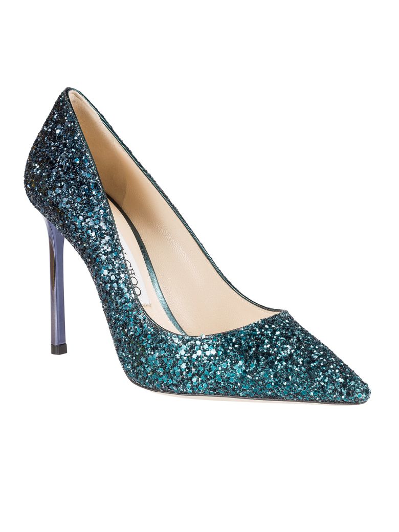 JIMMY CHOO ROMY 100 GLITTER PUMPS, PEACOCKNAVY ModeSens