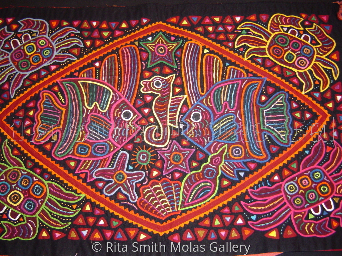 Animal Quilting Fiber Art Fish Sea Horse Crab Mola Fabric Art Quilt San Blas Panama by Rita