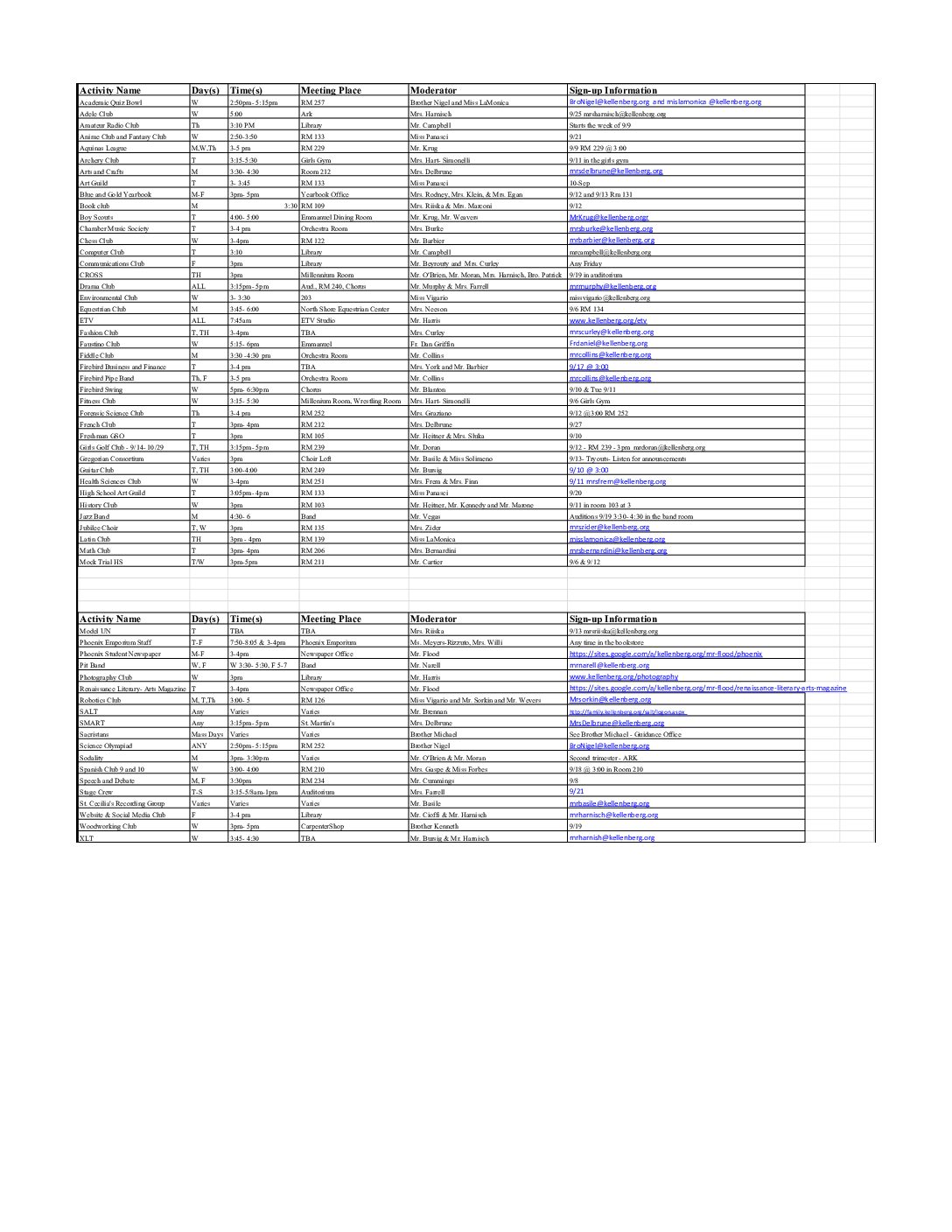 Frosh Activity Calendar 2019 2020 Kellenberg Memorial High School