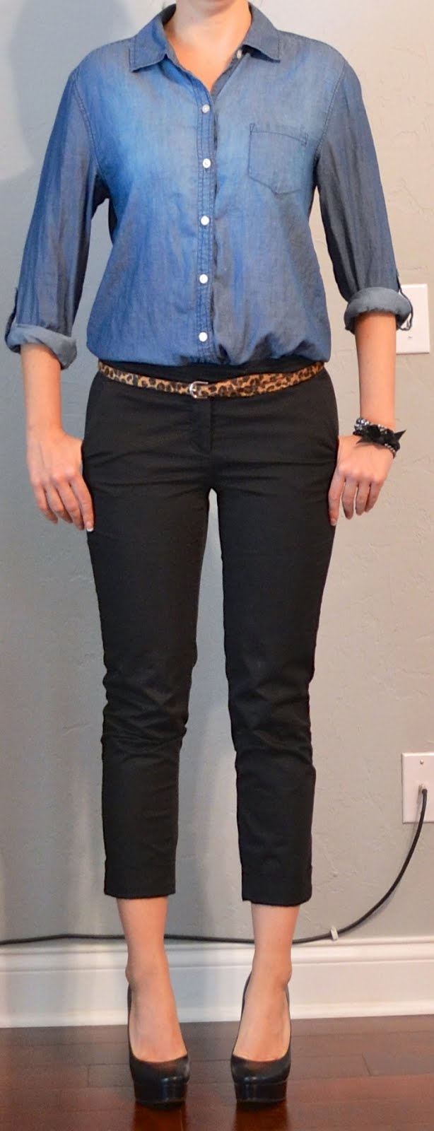 outfit post chambray shirt, black cropped pants, leopard belt