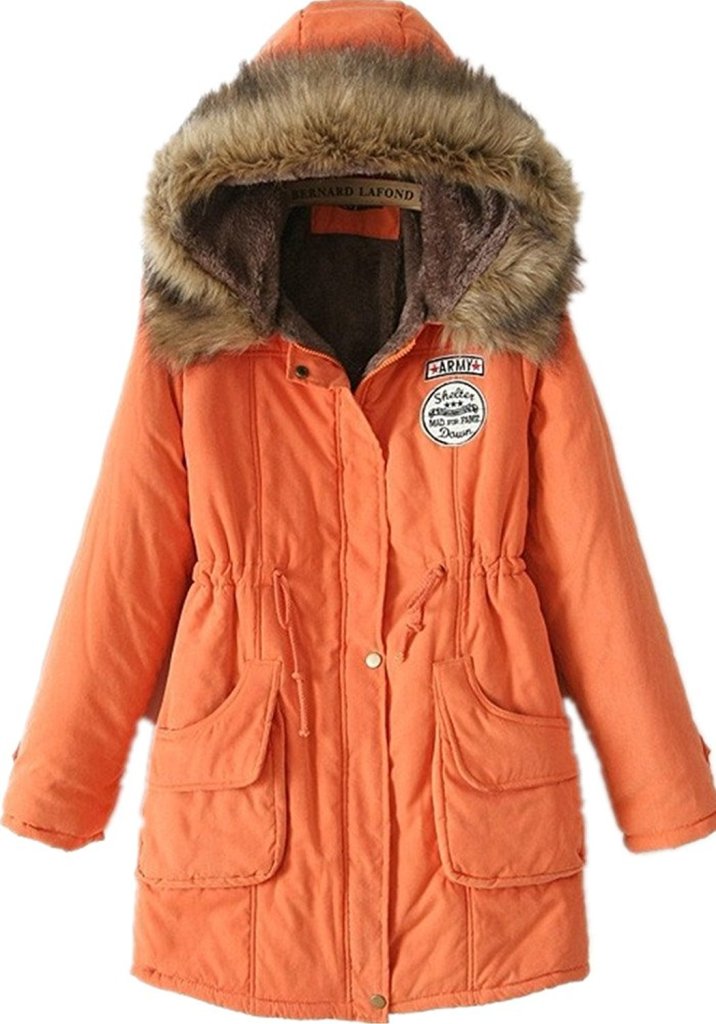 Women's Hooded Fleece Orange Lined Winter Parka Coat Faux Fur Trim Sz
