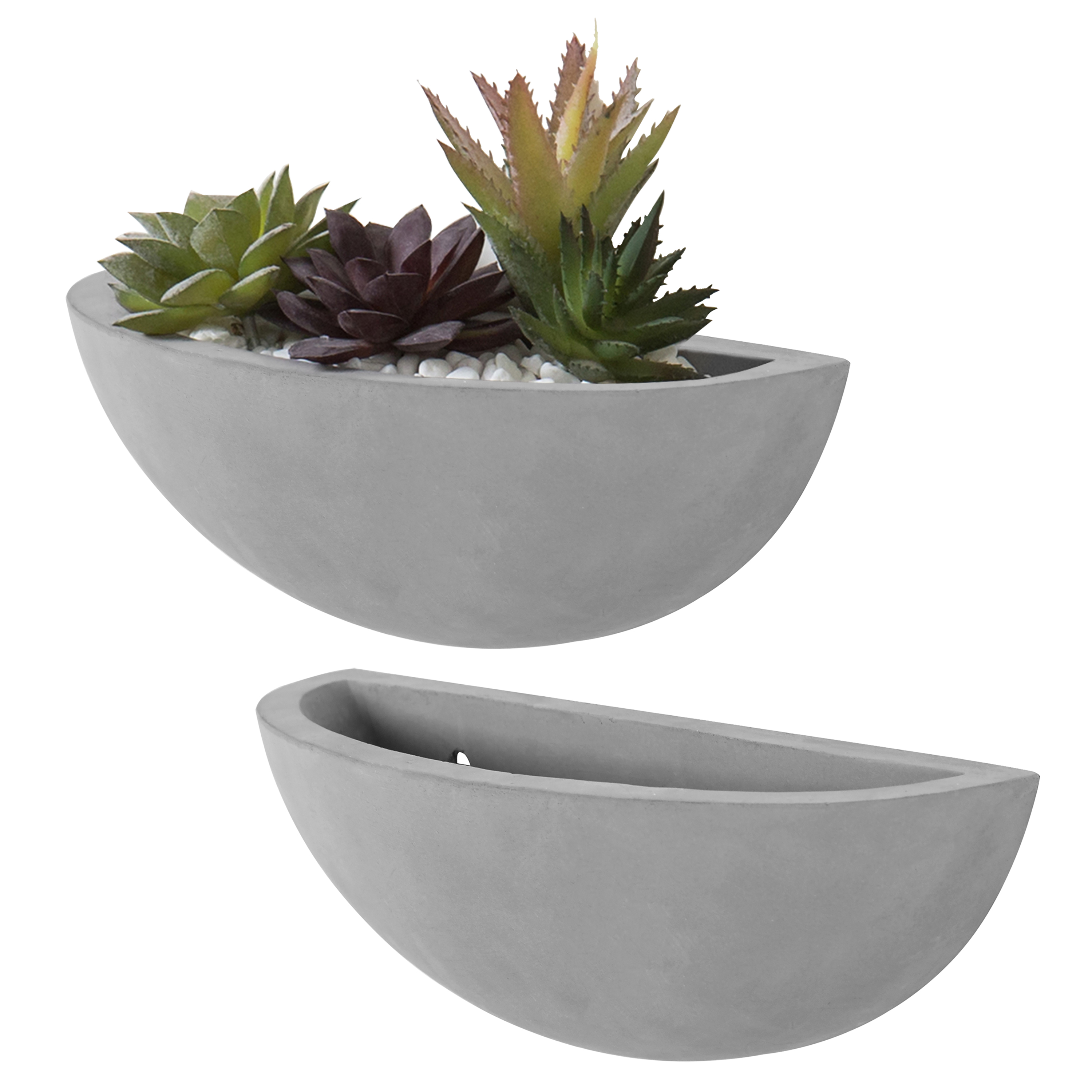 MyGift Set of 2 Modern Wall Mounted Cement Gray Half Moon Planter Pot