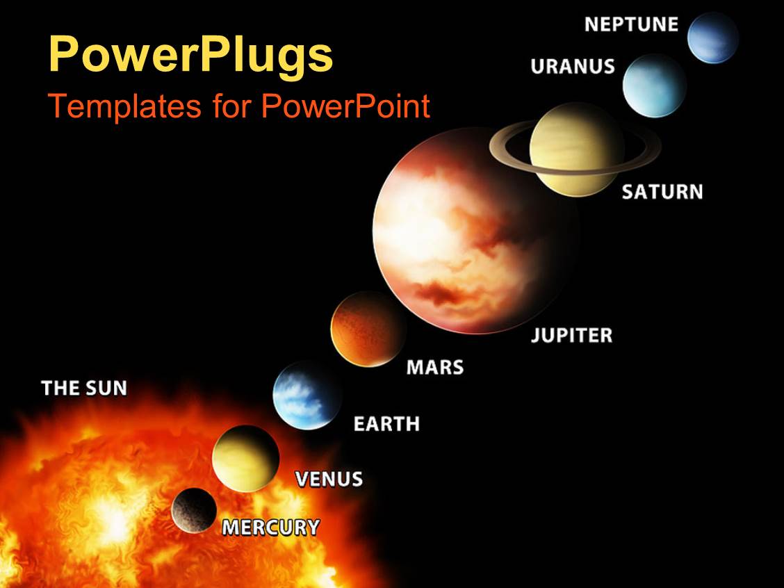 PowerPoint Template Sun and aligned and labeled, solar system