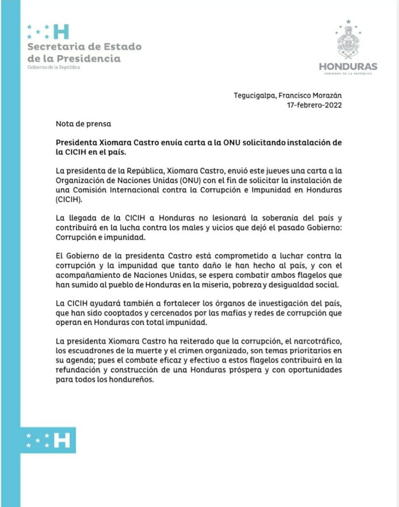 Representante de la ONU asegura que recibió carta de Xiomara Castro