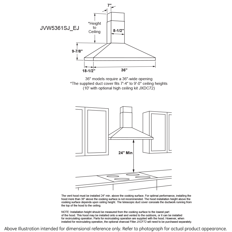 GE JVW5361FJDS GE® 36" WallMount Pyramid Chimney Hood Albo