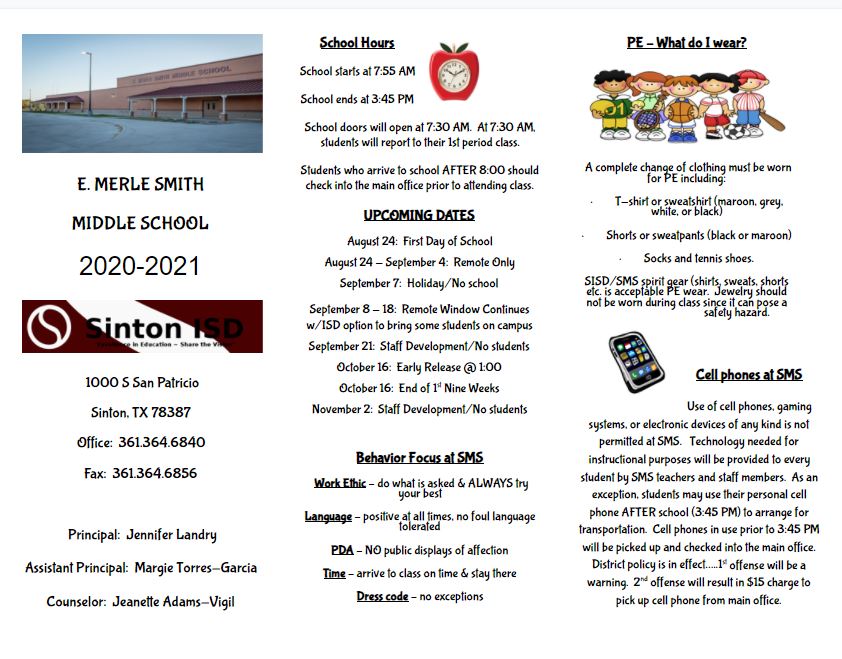 Sinton ISD Smith Middle School 2020 Brochure