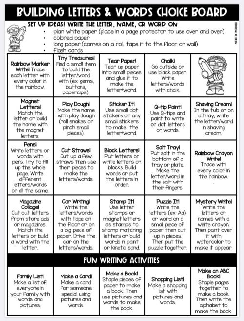 Sulphur Public Schools Building Letters & Words Choice Board