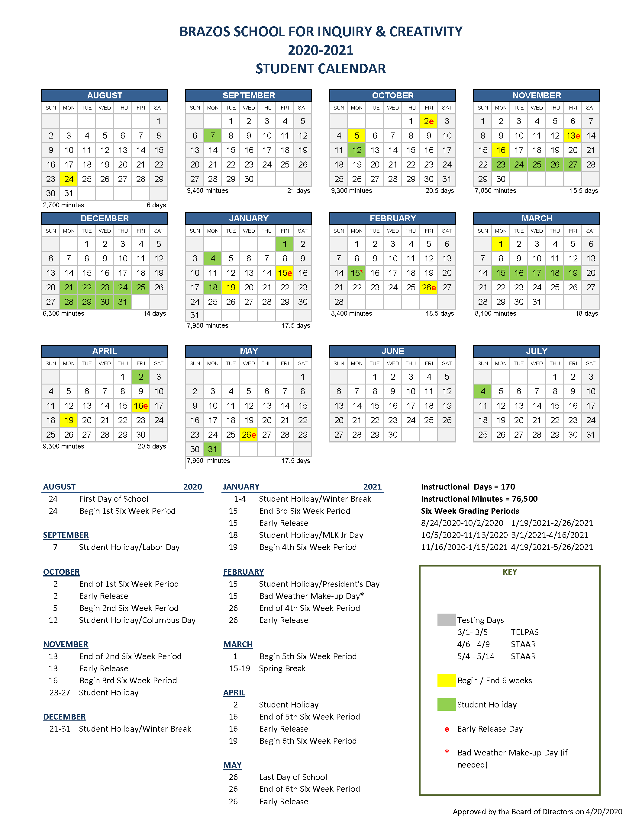university of arizona calendar 2020 21 Brazos School for Inquiry and Creativity School Year Calendar