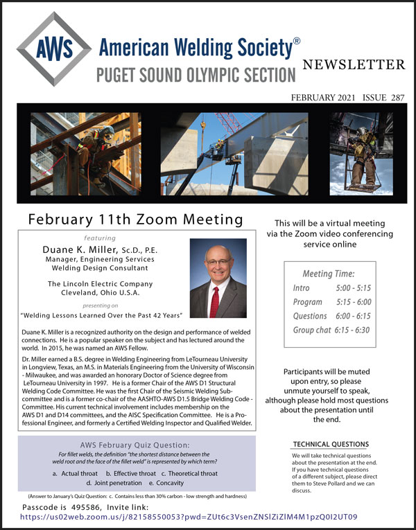 February Meeting Thursday (2/11) at 500PM “Welding Lessons Learned