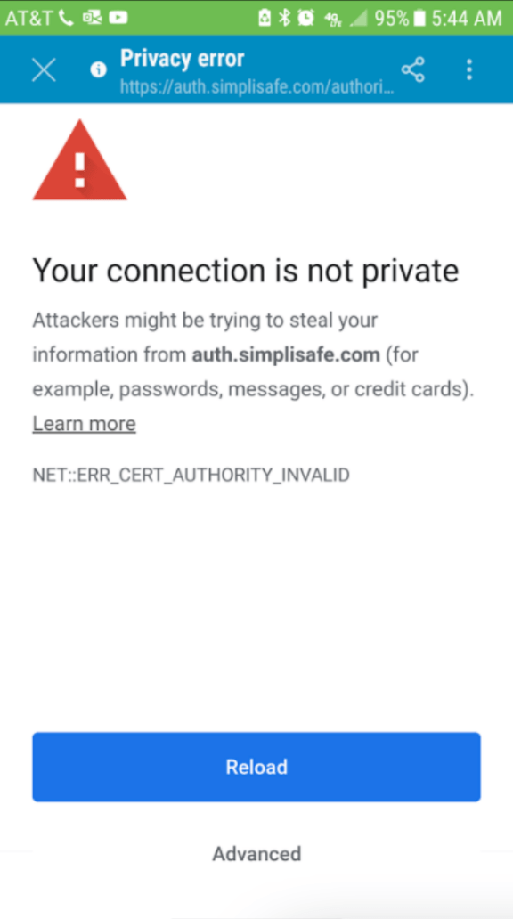 ‎App Error Your connection is not private SimpliSafe Support Home